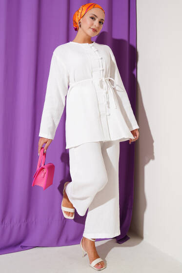 Brit Düğme Kaplamalı İkili Takım Beyaz - İkili Takım