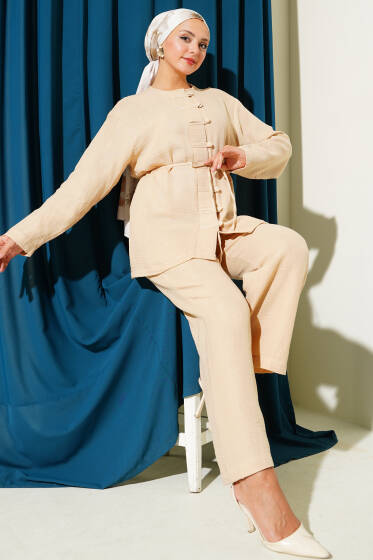 Brit Düğme Kaplamalı İkili Takım Latte - İkili Takım