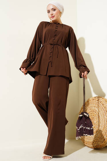 Brit Düğmeli Bilek Tünelli İkili Takım Kahve - İkili Takım