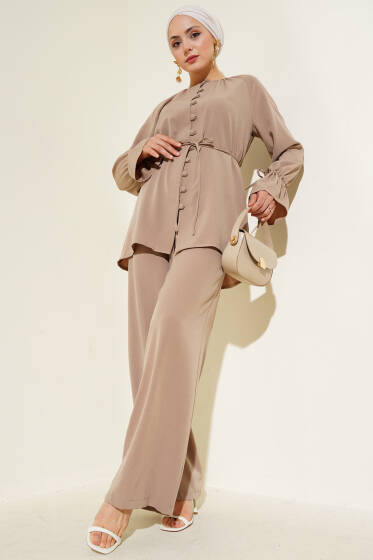 Brit Düğmeli Bilek Tünelli İkili Takım Vizon - İkili Takım