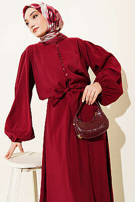 Brit Düğmeli Bluzlu Etekli Modal İkili Takım Bordo - İkili Takım