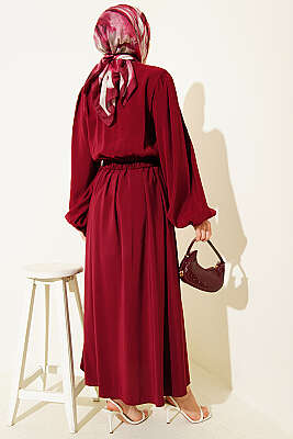 Brit Düğmeli Bluzlu Etekli Modal İkili Takım Bordo - İkili Takım