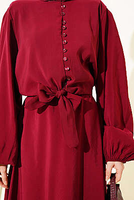 Brit Düğmeli Bluzlu Etekli Modal İkili Takım Bordo - İkili Takım