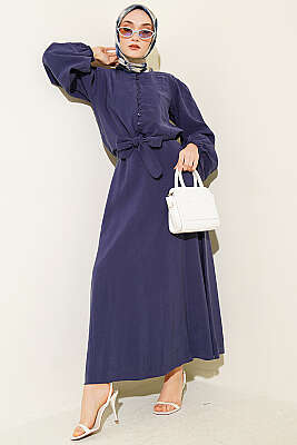 Brit Düğmeli Bluzlu Etekli Modal İkili Takım Lacivert - HATUN