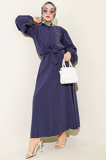 Brit Düğmeli Bluzlu Etekli Modal İkili Takım Lacivert - İkili Takım