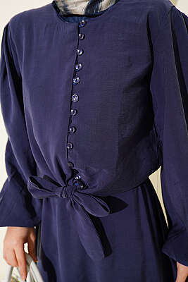 Brit Düğmeli Bluzlu Etekli Modal İkili Takım Lacivert - İkili Takım