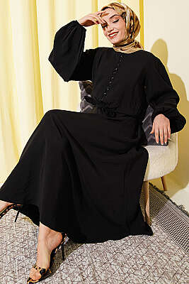 Brit Düğmeli Bluzlu Etekli Modal İkili Takım Siyah - HATUN