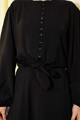 Brit Düğmeli Bluzlu Etekli Modal İkili Takım Siyah - İkili Takım