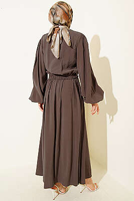 Brit Düğmeli Bluzlu Etekli Modal İkili Takım Vizon - İkili Takım