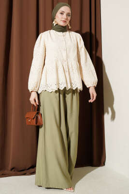 Brit Düğmeli Brodeli Gömlek Bej - Gömlek