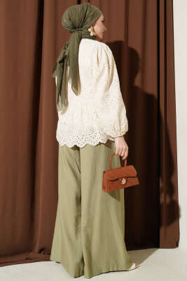 Brit Düğmeli Brodeli Gömlek Bej - Gömlek