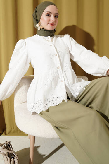 Brit Düğmeli Brodeli Gömlek Beyaz - Gömlek