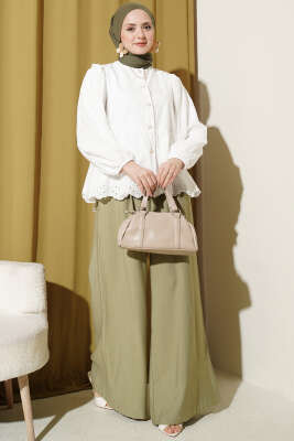 Brit Düğmeli Brodeli Gömlek Beyaz - Gömlek