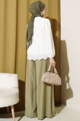 Brit Düğmeli Brodeli Gömlek Beyaz - Gömlek