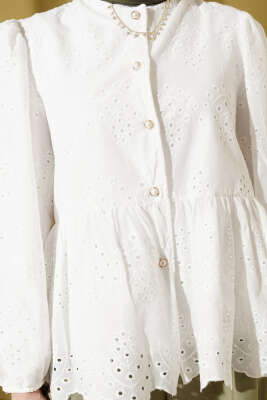 Brit Düğmeli Brodeli Gömlek Beyaz - Gömlek