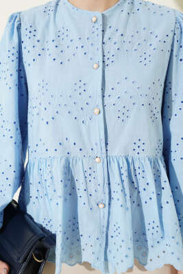 Brit Düğmeli Brodeli Gömlek Mavi - Gömlek