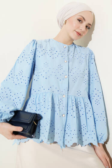 Brit Düğmeli Brodeli Gömlek Mavi - Gömlek