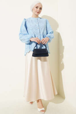 Brit Düğmeli Brodeli Gömlek Mavi - Gömlek