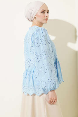 Brit Düğmeli Brodeli Gömlek Mavi - Gömlek