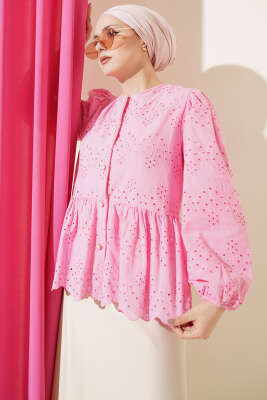 Brit Düğmeli Brodeli Gömlek Pembe - AFRA
