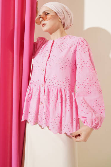 Brit Düğmeli Brodeli Gömlek Pembe - Gömlek