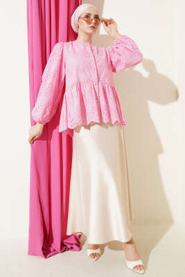 Brit Düğmeli Brodeli Gömlek Pembe - Gömlek