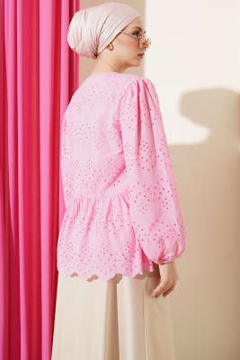 Brit Düğmeli Brodeli Gömlek Pembe - Gömlek