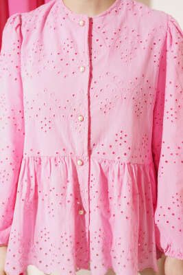 Brit Düğmeli Brodeli Gömlek Pembe - Gömlek