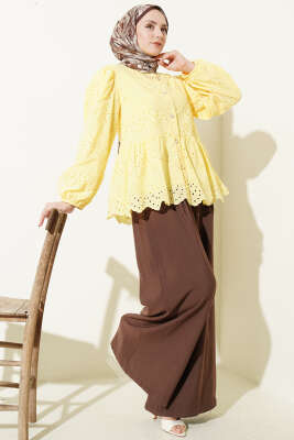 Brit Düğmeli Brodeli Gömlek Sarı - Gömlek