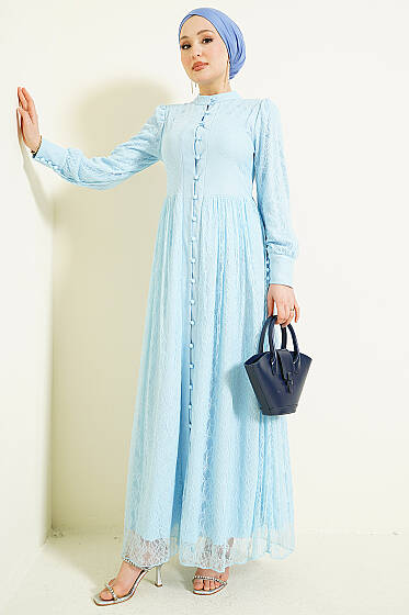 Brit Düğmeli Dantelli Abiye Elbise Bebe Mavi - Elbise