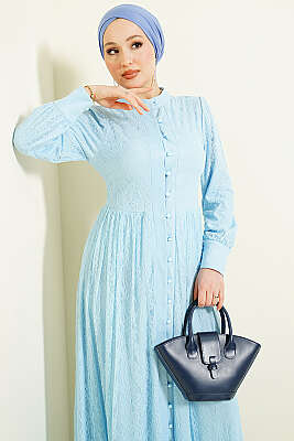 Brit Düğmeli Dantelli Abiye Elbise Bebe Mavi - Elbise