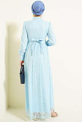 Brit Düğmeli Dantelli Abiye Elbise Bebe Mavi - Elbise