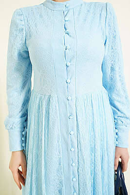 Brit Düğmeli Dantelli Abiye Elbise Bebe Mavi - Elbise