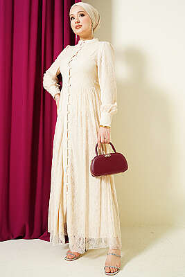 Brit Düğmeli Dantelli Abiye Elbise Bej 