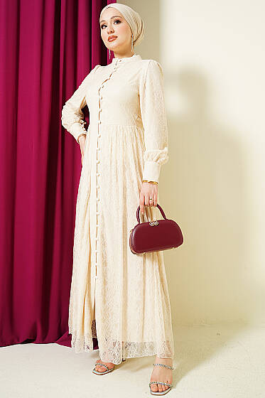 Brit Düğmeli Dantelli Abiye Elbise Bej - Elbise