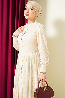 Brit Düğmeli Dantelli Abiye Elbise Bej - Elbise