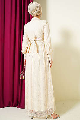 Brit Düğmeli Dantelli Abiye Elbise Bej - Elbise