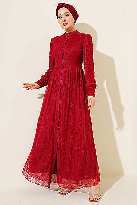 Brit Düğmeli Dantelli Abiye Elbise Bordo - BERAT TEKSTİL