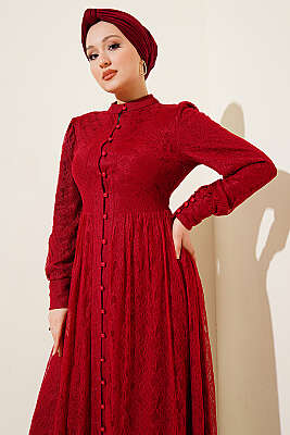 Brit Düğmeli Dantelli Abiye Elbise Bordo - Elbise