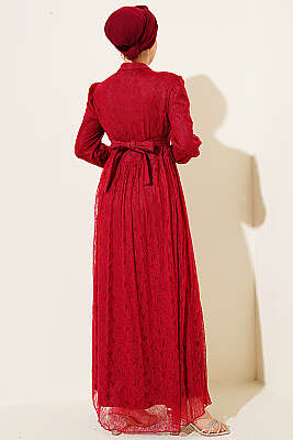 Brit Düğmeli Dantelli Abiye Elbise Bordo - Elbise