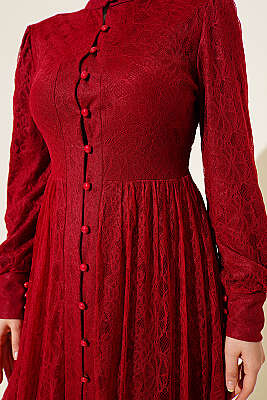 Brit Düğmeli Dantelli Abiye Elbise Bordo - Elbise