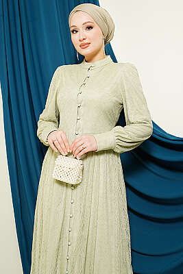 Brit Düğmeli Dantelli Abiye Elbise Çağla Yeşili 