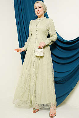 Brit Düğmeli Dantelli Abiye Elbise Çağla Yeşili - Elbise