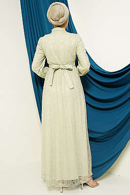 Brit Düğmeli Dantelli Abiye Elbise Çağla Yeşili - Elbise