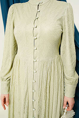 Brit Düğmeli Dantelli Abiye Elbise Çağla Yeşili - Elbise