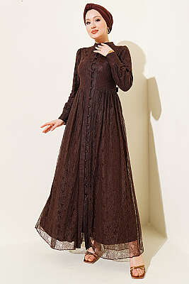 Brit Düğmeli Dantelli Abiye Elbise Kahve - BERAT TEKSTİL