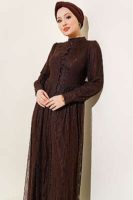 Brit Düğmeli Dantelli Abiye Elbise Kahve - Elbise