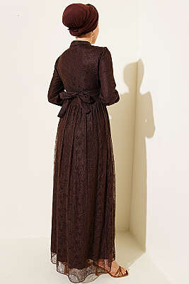 Brit Düğmeli Dantelli Abiye Elbise Kahve - Elbise