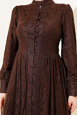 Brit Düğmeli Dantelli Abiye Elbise Kahve - Elbise