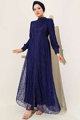 Brit Düğmeli Dantelli Abiye Elbise Lacivert - BERAT TEKSTİL